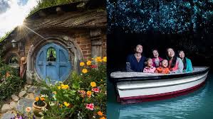 A hobbit hole at the Hobbiton Movie Set beside a boat tour through the Waitomo glowworm caves